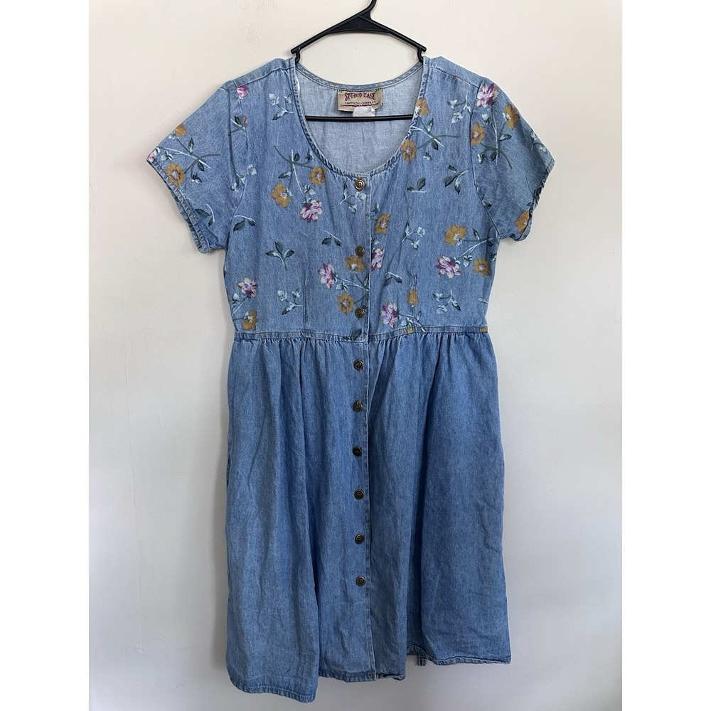 VTG 90s Studio Ease Floral Denim Dress Size 10 Blue Denim Floral Button Prairie